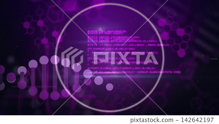 Displaying central translucent ring holding pink code block on purple gradient, with hexagonal dots Displaying central translucent ring holding pink code block on purple gradient, with hexagonal dots 142642197