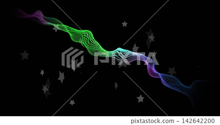 Flowing colorful wave ribbon moving diagonally across black backdrop, showing gray stars and specks Flowing colorful wave ribbon moving diagonally across black backdrop, showing gray stars and specks 142642200