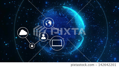 Glowing wireframe globe displaying connected cloud, lock, user, laptop icons in dark cyberspace Glowing wireframe globe displaying connected cloud, lock, user, laptop icons in dark cyberspace 142642201