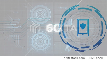 Displaying right-side HUD showing smartphone shield icon on grid with 6G and targets, copy space Displaying right-side HUD showing smartphone shield icon on grid with 6G and targets, copy space 142642203