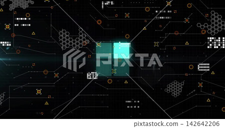 Pulsing teal 4-panel core lighting grid, linking orange nodes, yellow triangles, hex clusters Pulsing teal 4-panel core lighting grid, linking orange nodes, yellow triangles, hex clusters 142642206
