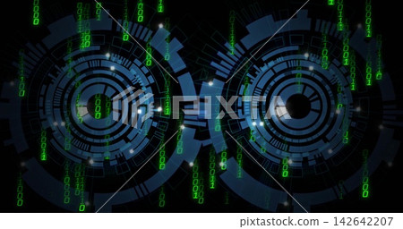 Displaying two blue concentric circular HUDs in dark virtual UI, with falling green binary streams Displaying two blue concentric circular HUDs in dark virtual UI, with falling green binary streams 142642207