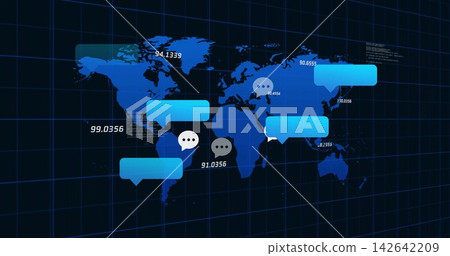 Displaying world map with grid on digital dashboard, showing chat bubbles, coordinates, code 142642209