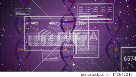 Dominating clear keyboard-style UI overlay covering center of data dashboard, showing DNA helices Dominating clear keyboard-style UI overlay covering center of data dashboard, showing DNA helices 142642215