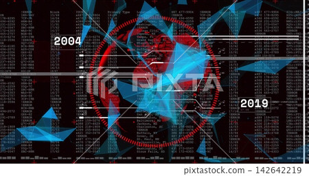 Displaying central red reticle intersecting blue mesh on data dashboard, with 2004 and 2019 Displaying central red reticle intersecting blue mesh on data dashboard, with 2004 and 2019 142642219