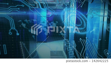 Glowing server racks lining raised-floor aisle, with perforated grates, cable trays, blue HUD Glowing server racks lining raised-floor aisle, with perforated grates, cable trays, blue HUD 142642225