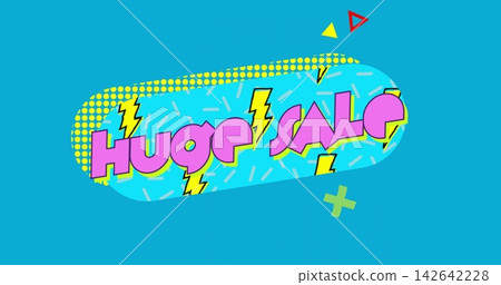 Displaying banner centered on teal field, showing 'HUGE SALE' cyan capsule with lightning bolts Displaying banner centered on teal field, showing 'HUGE SALE' cyan capsule with lightning bolts 142642228