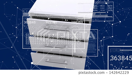 Displaying multifunction printer showing numeric readouts, drawers, output tray in studio with UI 142642229