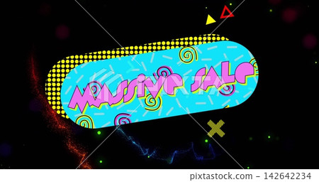 Presenting bright cyan capsule floating on black backdrop, featuring magenta-pink MASSIVE SALE text Presenting bright cyan capsule floating on black backdrop, featuring magenta-pink MASSIVE SALE text 142642234