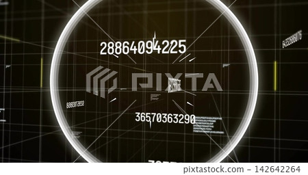 Rotating glowing ring framing floating numeric strings in virtual 3D data HUD, with wireframe grid Rotating glowing ring framing floating numeric strings in virtual 3D data HUD, with wireframe grid 142642264