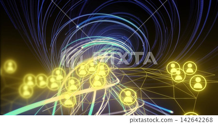 Swirling glowing yellow avatar nodes forming network hub on golden wireframe grid, with neon trails Swirling glowing yellow avatar nodes forming network hub on golden wireframe grid, with neon trails 142642268