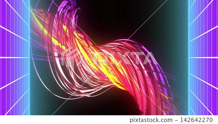 Twisting luminous fiber-like ribbon floating in futuristic digital void, with neon grid panels Twisting luminous fiber-like ribbon floating in futuristic digital void, with neon grid panels 142642270