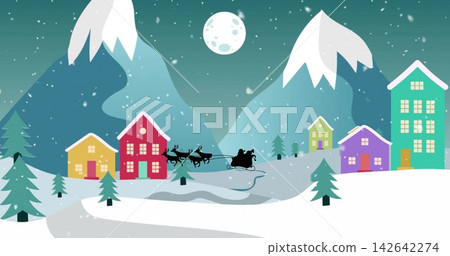 Flying Santa silhouette in coat and hat, gliding over snowy hills at night with four reindeer Flying Santa silhouette in coat and hat, gliding over snowy hills at night with four reindeer 142642274
