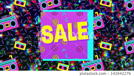 Displaying centered purple SALE panel on retro 80s poster, featuring boomboxes, tapes, confetti Displaying centered purple SALE panel on retro 80s poster, featuring boomboxes, tapes, confetti 142642276