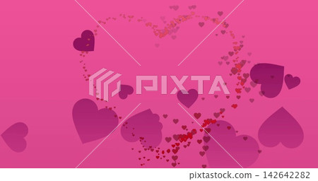 Displaying central decorative heart cluster flowing on pink gradient canvas, with particle trail 142642282