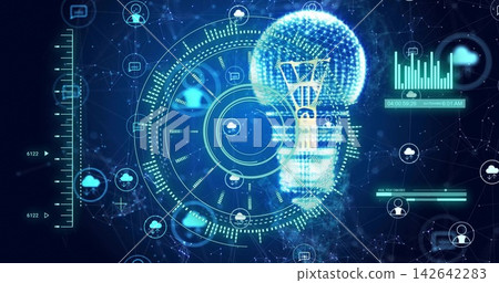 Displaying main low-poly lightbulb and concentric HUD pulsing in virtual network, with cloud icons Displaying main low-poly lightbulb and concentric HUD pulsing in virtual network, with cloud icons 142642283