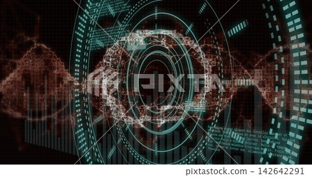 Displaying central circular HUD and intersecting waveform in virtual dashboard, with glowing nodes 142642291