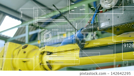 Operating yellow robotic arm assembly in factory cell, showing braided blue cable and HUD overlays Operating yellow robotic arm assembly in factory cell, showing braided blue cable and HUD overlays 142642295