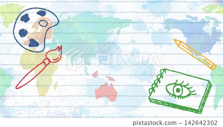 Displaying pastel watercolor world map on lined paper, with palette, paintbrush, pencil, sketchbook Displaying pastel watercolor world map on lined paper, with palette, paintbrush, pencil, sketchbook 142642302