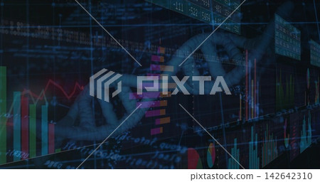 Displaying 3D DNA helix integrating overlaid charts in digital analytics wall, with candles Displaying 3D DNA helix integrating overlaid charts in digital analytics wall, with candles 142642310