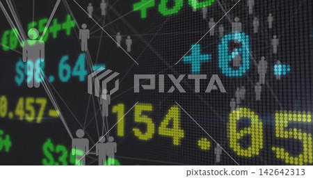 Displaying gray avatar network linking on left of LED market ticker with yellow numbers, copy space Displaying gray avatar network linking on left of LED market ticker with yellow numbers, copy space 142642313