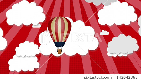 Floating striped hot air balloon drifting above stylized sky with layered clouds and red sunburst Floating striped hot air balloon drifting above stylized sky with layered clouds and red sunburst 142642363