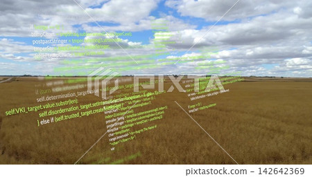 Floating holographic green code strands hovering above golden wheat field at left dirt track Floating holographic green code strands hovering above golden wheat field at left dirt track 142642369