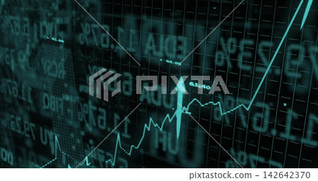 Displaying glowing teal upward-trending line graph rising on dashboard, with arrow, grid, tickers Displaying glowing teal upward-trending line graph rising on dashboard, with arrow, grid, tickers 142642370