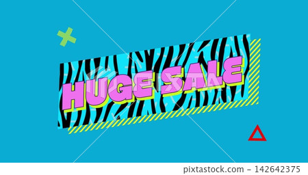 Displaying tilted zebra-banner showing pink HUGE SALE on cyan field with lime-plus and red-triangle Displaying tilted zebra-banner showing pink HUGE SALE on cyan field with lime-plus and red-triangle 142642375