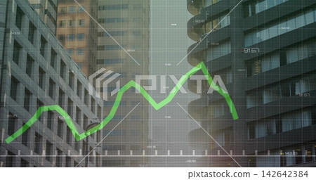 Displaying green jagged line graph overlay crossing downtown high-rise facades with grid markings Displaying green jagged line graph overlay crossing downtown high-rise facades with grid markings 142642384