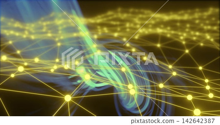 Weaving translucent cyan-blue energy ribbon spiraling through digital network with yellow nodes Weaving translucent cyan-blue energy ribbon spiraling through digital network with yellow nodes 142642387