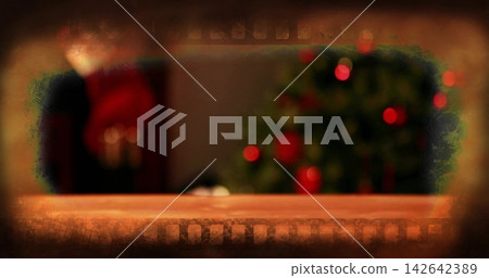 Featuring wooden tabletop spanning lower frame in living room, with decorated tree and red scarf Featuring wooden tabletop spanning lower frame in living room, with decorated tree and red scarf 142642389