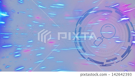 Activating circular HUD scanning with magnifier for analysis at interface, neon trails, copy space Activating circular HUD scanning with magnifier for analysis at interface, neon trails, copy space 142642393