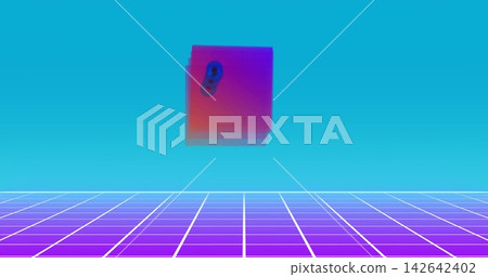 Floating layered magenta-cyan panel glowing above purple gridlines, dark oval with two circles Floating layered magenta-cyan panel glowing above purple gridlines, dark oval with two circles 142642402