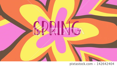 Displaying centered large stylized flower filling poster, with thick brown outlines and SPRING text Displaying centered large stylized flower filling poster, with thick brown outlines and SPRING text 142642404