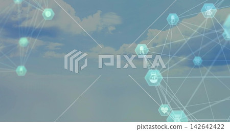 Floating sheer teal hexagonal cluster at right, showing pictogram nodes and connecting lines in sky Floating sheer teal hexagonal cluster at right, showing pictogram nodes and connecting lines in sky 142642422
