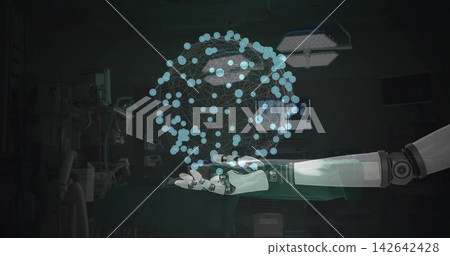 Extending robotic forearm holding neural hologram in research lab, with screens and overhead light Extending robotic forearm holding neural hologram in research lab, with screens and overhead light 142642428