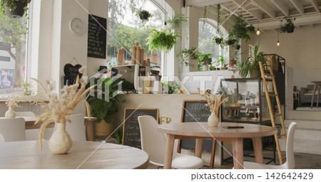 Empty cafe featuring round wooden table with beige ceramic vase holding dried pampas grass Empty cafe featuring round wooden table with beige ceramic vase holding dried pampas grass 142642429