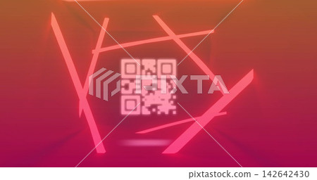 Floating central glowing QR code emitting bloom in virtual studio, with neon beams, glossy floor Floating central glowing QR code emitting bloom in virtual studio, with neon beams, glossy floor 142642430