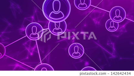 Displaying purple network centered in virtual space, showing circular avatar nodes, neon lines 142642434