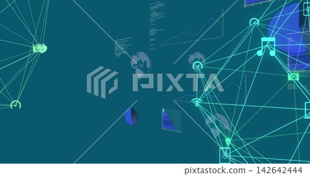 Displaying large spherical wireframe glowing on right in digital interface, with neon nodes Displaying large spherical wireframe glowing on right in digital interface, with neon nodes 142642444