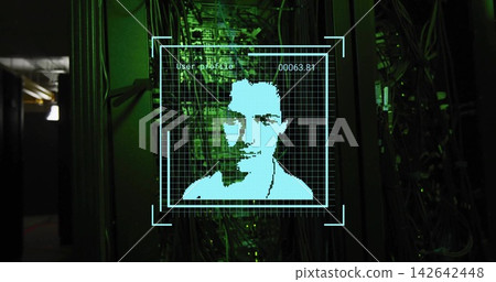 Displaying cyan pixel avatar in server aisle, UI grid labeled User profile 00063 Displaying cyan pixel avatar in server aisle, UI grid labeled User profile 00063 142642448