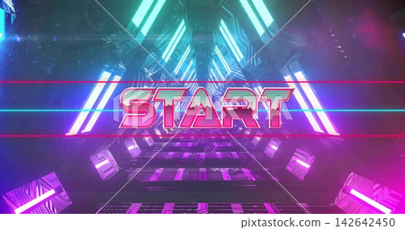 Floating large 3D START text glowing in synthwave tunnel, with neon laser lines, reflective grid Floating large 3D START text glowing in synthwave tunnel, with neon laser lines, reflective grid 142642450