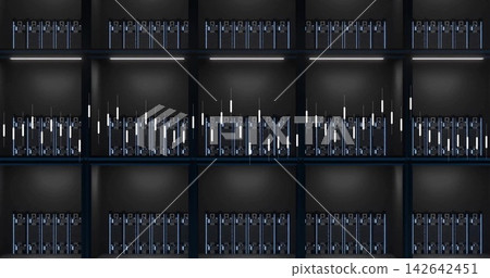 Showing grid of recessed server racks in data center, featuring rack-mounted servers and blue LEDs Showing grid of recessed server racks in data center, featuring rack-mounted servers and blue LEDs 142642451