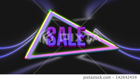 Glowing neon triangle sitting on dark glossy plane, showing purple 3D SALE text and light streaks 142642459