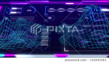 Showing holographic wireframe map centered on digital dashboard, with 37% gauge and DNA waveform Showing holographic wireframe map centered on digital dashboard, with 37% gauge and DNA waveform 142642461
