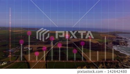 Displaying 3D grid overlay, magenta markers and luminous pillars rising over farmland, cliffs Displaying 3D grid overlay, magenta markers and luminous pillars rising over farmland, cliffs 142642480