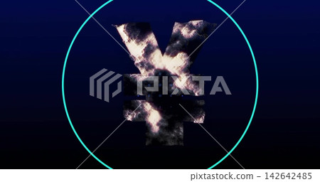 Glowing textured yen symbol emitting smoky texture and blue sparks with cyan ring on dark gradient Glowing textured yen symbol emitting smoky texture and blue sparks with cyan ring on dark gradient 142642485