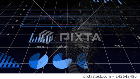 Displaying data dashboard showing multi-line graph, numeric labels, dotted globe on grid plane Displaying data dashboard showing multi-line graph, numeric labels, dotted globe on grid plane 142642486