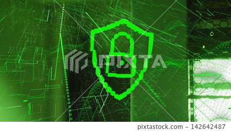 Floating neon-green pixelated shield with padlock icon in cyberspace UI, with wireframe grid Floating neon-green pixelated shield with padlock icon in cyberspace UI, with wireframe grid 142642487
